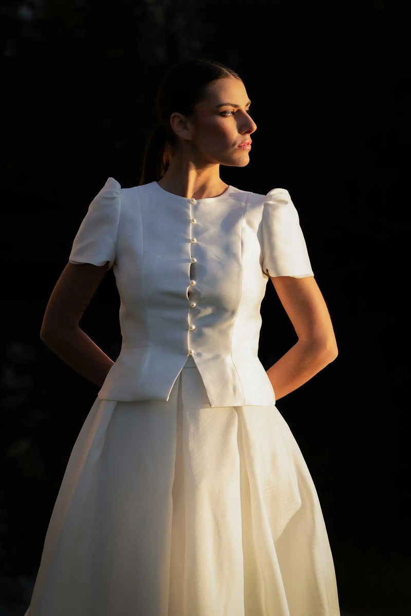 Ensemble de mariée Noblesse, veste en mikado , atelier Marie Laporte Paris