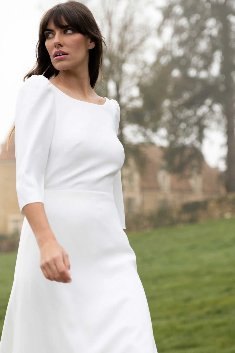 Détails Robe de mariée La Promise en crêpe, manches 3/4, Marie Laporte