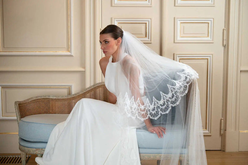 Voile de mariée Éternel en tulle et dentelle, traîne cathédrale, atelier Marie Laporte Paris